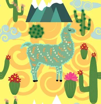 Vector Illustration of seamless pattern with cute cartoon llama alpaca with c Illustrazione stock