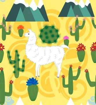 Vector Illustration of seamless pattern with cute cartoon llama alpaca with c Illustrazione stock