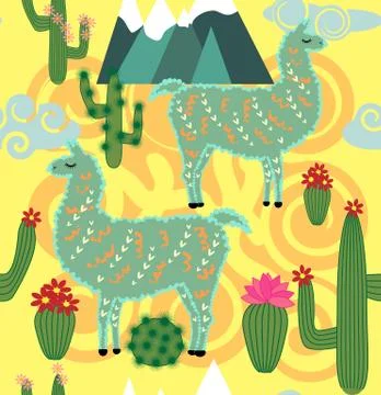 Vector Illustration of seamless pattern with cute cartoon llama alpaca with c Stock Illustration