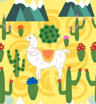 Vector Illustration of seamless pattern with cute cartoon llama alpaca with c Illustrazione stock
