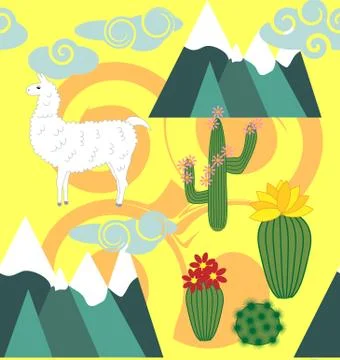 Vector Illustration of seamless pattern with cute cartoon llama alpaca with c Stock Illustration