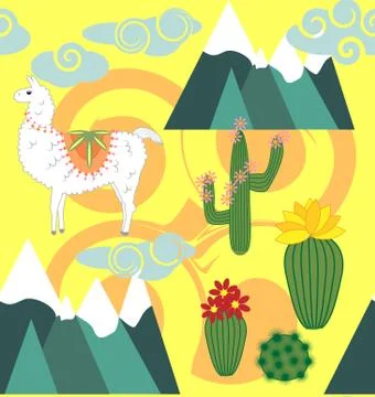 Vector Illustration of seamless pattern with cute cartoon llama alpaca with c 스톡 일러스트