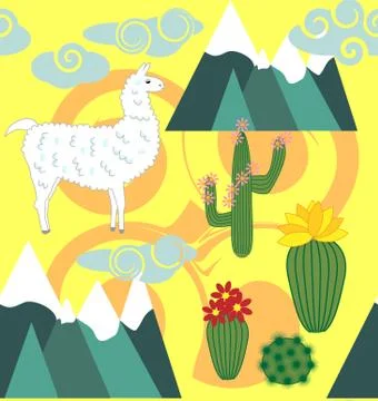Vector Illustration of seamless pattern with cute cartoon llama alpaca with c 스톡 일러스트