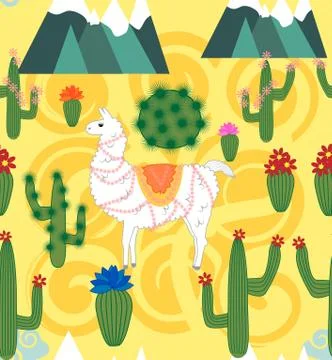 Vector Illustration of seamless pattern with cute cartoon llama alpaca with c イラスト素材