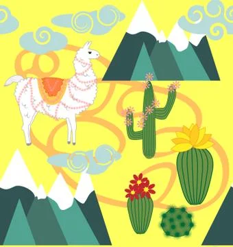 Vector Illustration of seamless pattern with cute cartoon llama alpaca with c イラスト素材