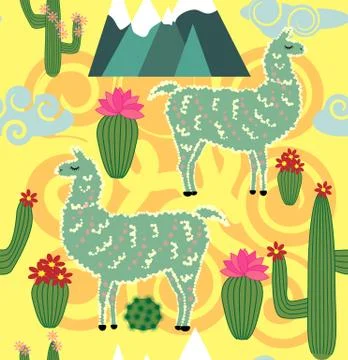Vector Illustration of seamless pattern with cute cartoon llama alpaca with c イラスト素材