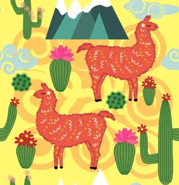 Vector Illustration of seamless pattern with cute cartoon llama alpaca with c 스톡 일러스트