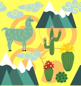 Vector Illustration of seamless pattern with cute cartoon llama alpaca with c 스톡 일러스트