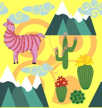 Vector Illustration of seamless pattern with cute cartoon llama alpaca with c Stock Illustration