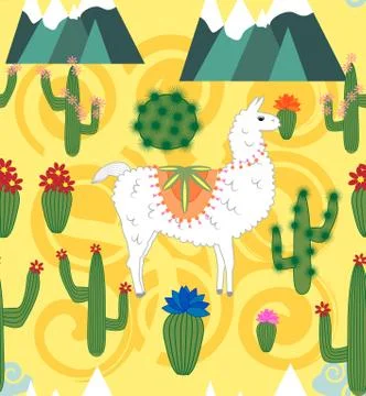 Vector Illustration of seamless pattern with cute cartoon llama alpaca with c イラスト素材