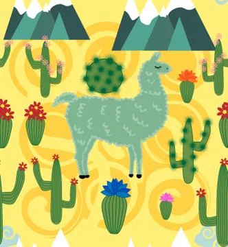 Vector Illustration of seamless pattern with cute cartoon llama alpaca with c 스톡 일러스트