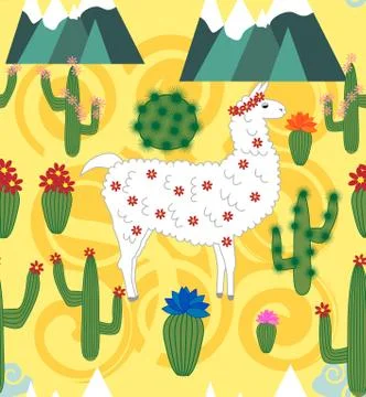 Vector Illustration of seamless pattern with cute cartoon llama alpaca with c 스톡 일러스트