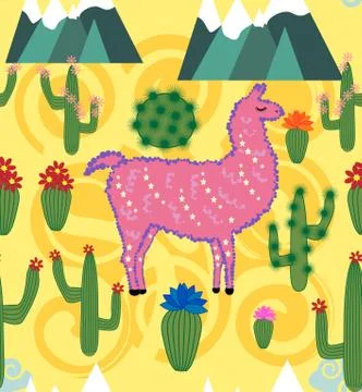 Vector Illustration of seamless pattern with cute cartoon llama alpaca with c 스톡 일러스트