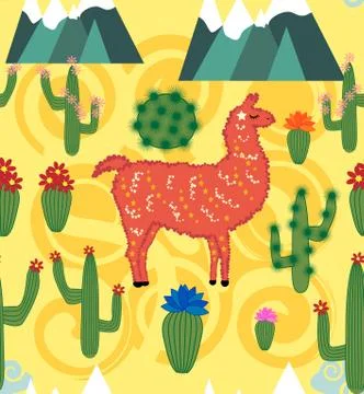 Vector Illustration of seamless pattern with cute cartoon llama alpaca with c イラスト素材