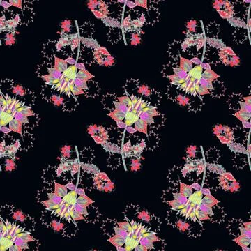 Vector illustration. Seamless pattern with floral ornament. Flowers on black, gr Stock Illustration