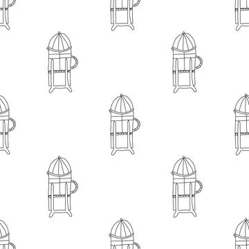 Vector illustration of seamless pattern of French press coffee pot. Hand draw Illustrazione stock