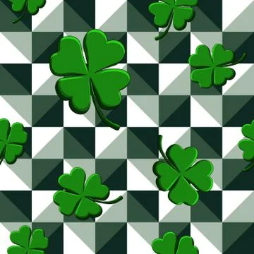 Vector illustration seamless pattern green clovers on geometric background Иллюстрация