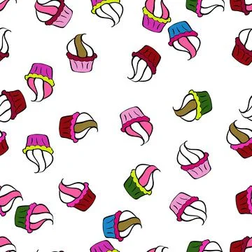Vector illustration. Seamless pattern with hand drawn doodle desserts: cupcakes, 库存插图