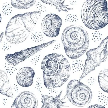 Vector illustration seamless pattern hand drawn navy seashells 스톡 일러스트