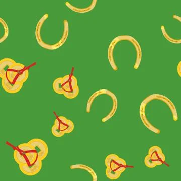 Vector illustration - seamless pattern with horseshoe and coins on green back Stock Illustration