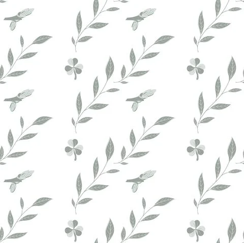 Vector illustration, seamless pattern with leaves, twigs, flowers in green on Stock Illustration
