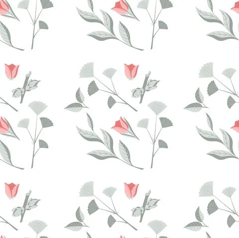 Vector illustration, seamless pattern with leaves, twigs, flowers in green, r Stock Illustration