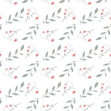 Vector illustration, seamless pattern with leaves, twigs, flowers in green, r Stock Illustration