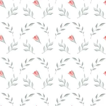 Vector illustration, seamless pattern with leaves, twigs, flowers in green, r Stock Illustration