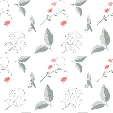 Vector illustration, seamless pattern with leaves, twigs, flowers in green, r Stock Illustration