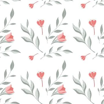 Vector illustration, seamless pattern with leaves, twigs, flowers in green, r Stock Illustration
