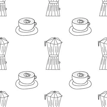Vector illustration of seamless pattern of moka percolator coffee pot and cap Stock Illustration