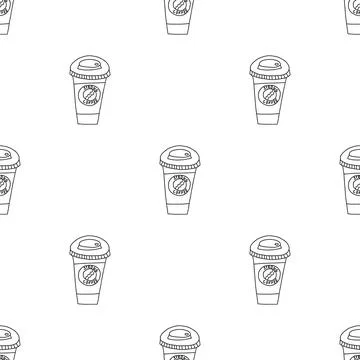 Vector illustration of seamless pattern of paper coffee cup to go. Hand drawn Stock Illustration