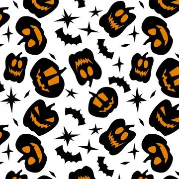 Vector illustration of seamless pattern of pumpkins and bats and stars on w.. Stock Illustration