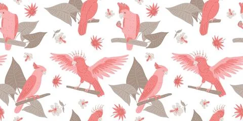 Vector illustration of seamless pattern with red cockatoo parrots with trop.. Stock Illustration