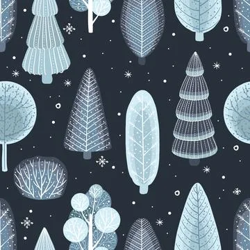 Vector illustration of seamless pattern with trees and fir-tree in winter time 库存插图