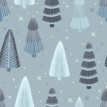 Vector illustration of seamless pattern with trees and fir-tree in winter time Stock Illustration
