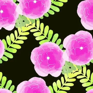 Vector illustration seamless pattern watercolor pink flowers on black Stock Illustration