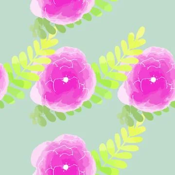 Vector illustration seamless pattern watercolor flowers on light green Stock Illustration