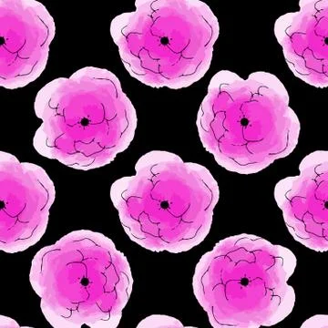 Vector illustration seamless pattern watercolor pink flowers on black Stock Illustration
