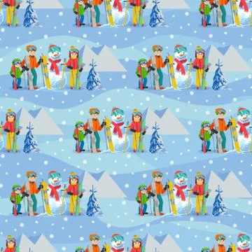 Vector illustration of seamless pattern with winter landscape happy family 스톡 일러스트