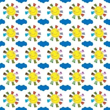 Vector illustration seamless pattern yellow joyful sun with patchwork rays of Illustrazione stock