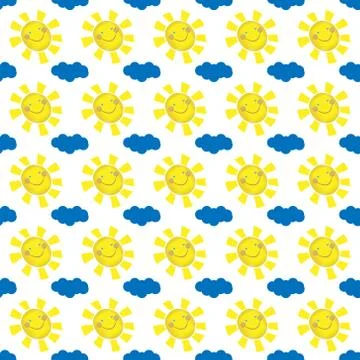Vector illustration seamless positive pattern, bright, joyful, smiling sun wi Stock Illustration