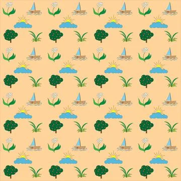 Vector illustration of a seamless texture summer mood yacht on waves, flower, Illustrazione stock