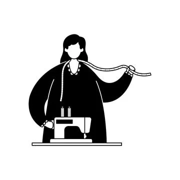Vector illustration of a seamstress with a sewing machine and measuring tape. Ilustração Stock
