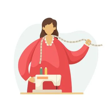 Vector illustration of a seamstress with a sewing machine and measuring tape. Stock Illustration