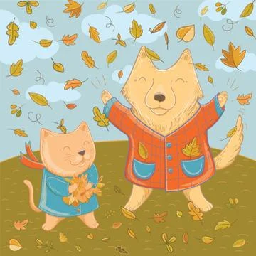 Vector illustration of september with funny pets Stock Illustration