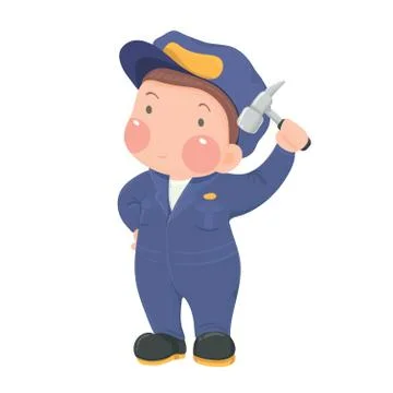 Vector Illustration of Service Mechanic Worker in Blue Workwear holding Hamme Stock Illustration