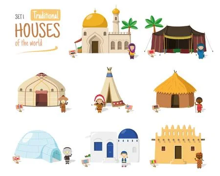 Vector illustration Set 1 of Traditional Houses of the World in cartoon sty.. Ilustración de archivo
