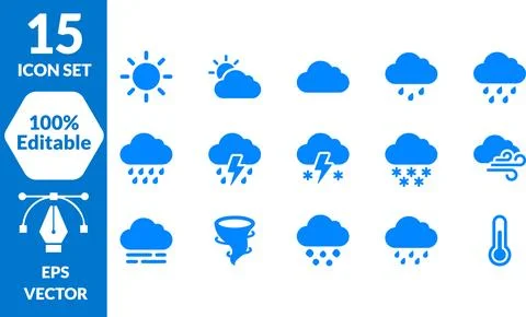 Vector illustration set of 15 blue weather forecast icons on white background イラスト素材