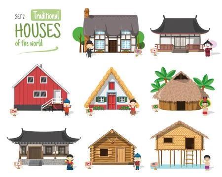 Vector illustration Set 2 of Traditional Houses of the World in cartoon sty.. Stock Illustration
